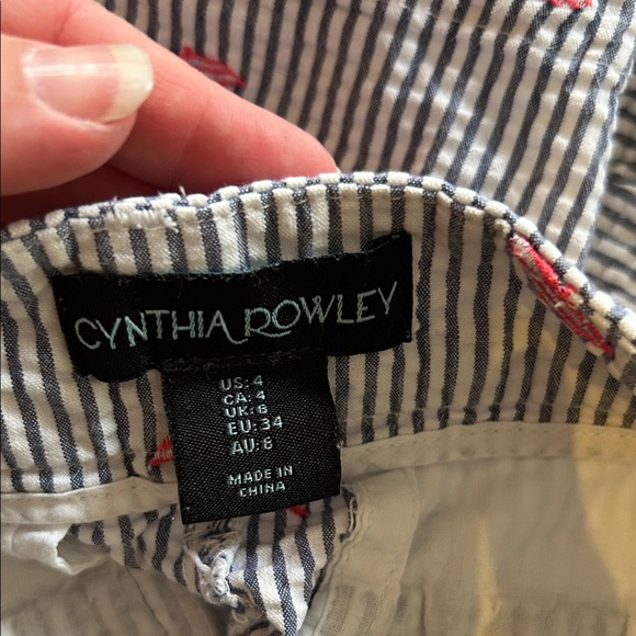 Cynthia Rowley Navy & White Seersucker High-Waist Shorts with Red Embroidery - Picture 2 of 4